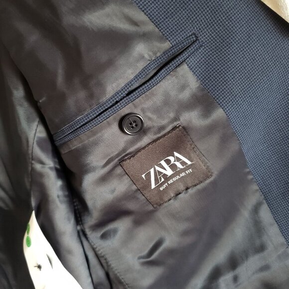 Zara Houndstooth Blazer Suit Jacket Coat Navy Blue Sz Men's 40 Regular Fit Lined - Picture 8 of 13